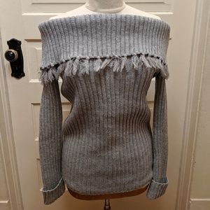 Off the Shoulder Grey Sweater with Tassles